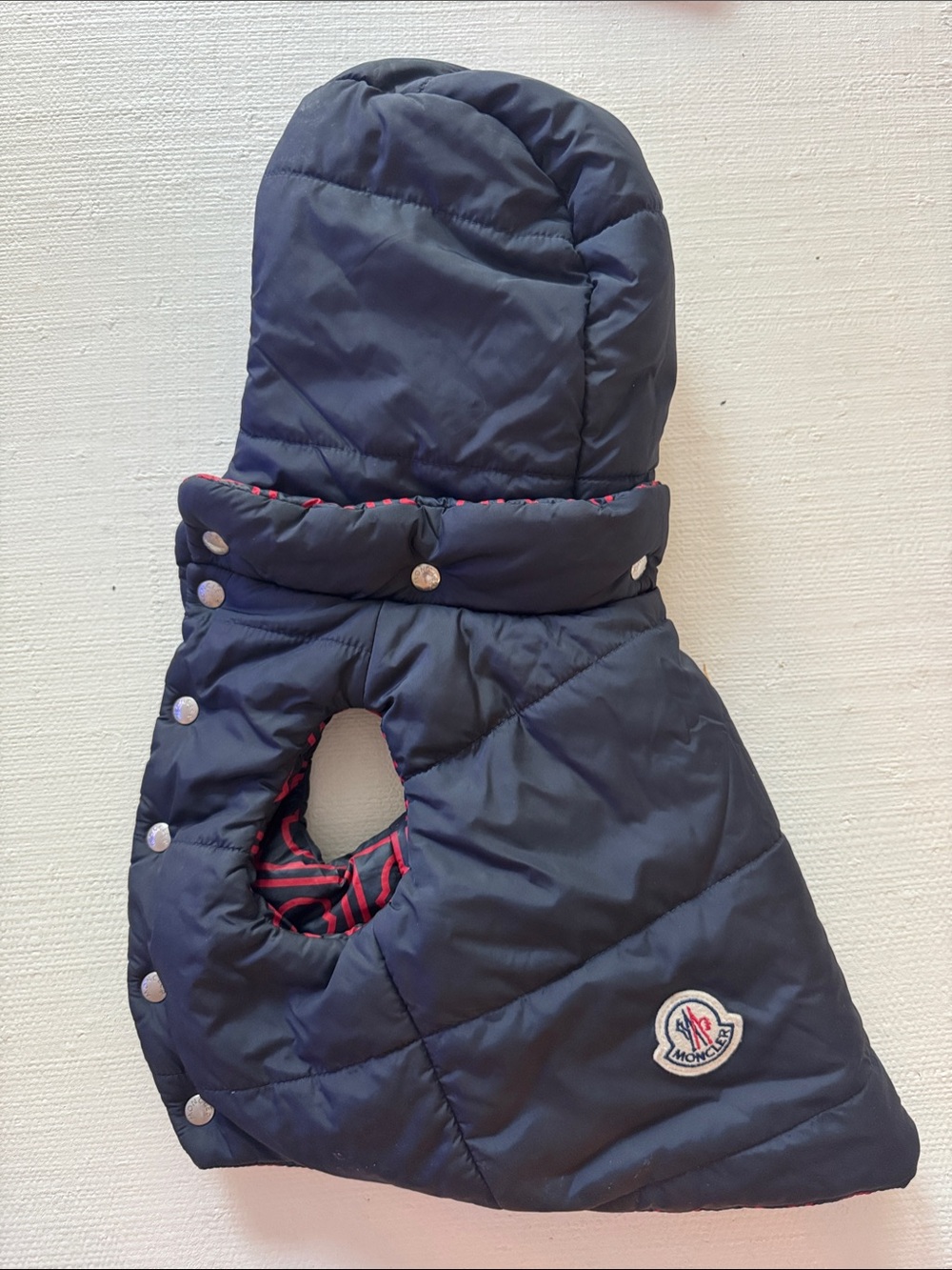 Moncler Navy and Pattern Reversible Quilted Hooded Dog Jacket